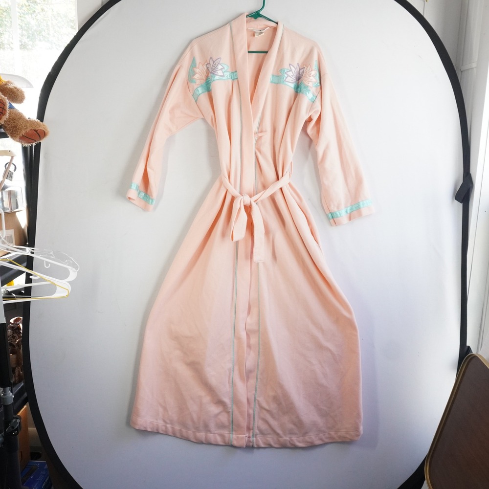 VTG Apostrophe Golden Girls Peach Floral Embroidered Fleece Robe Bathrobe‎ Large